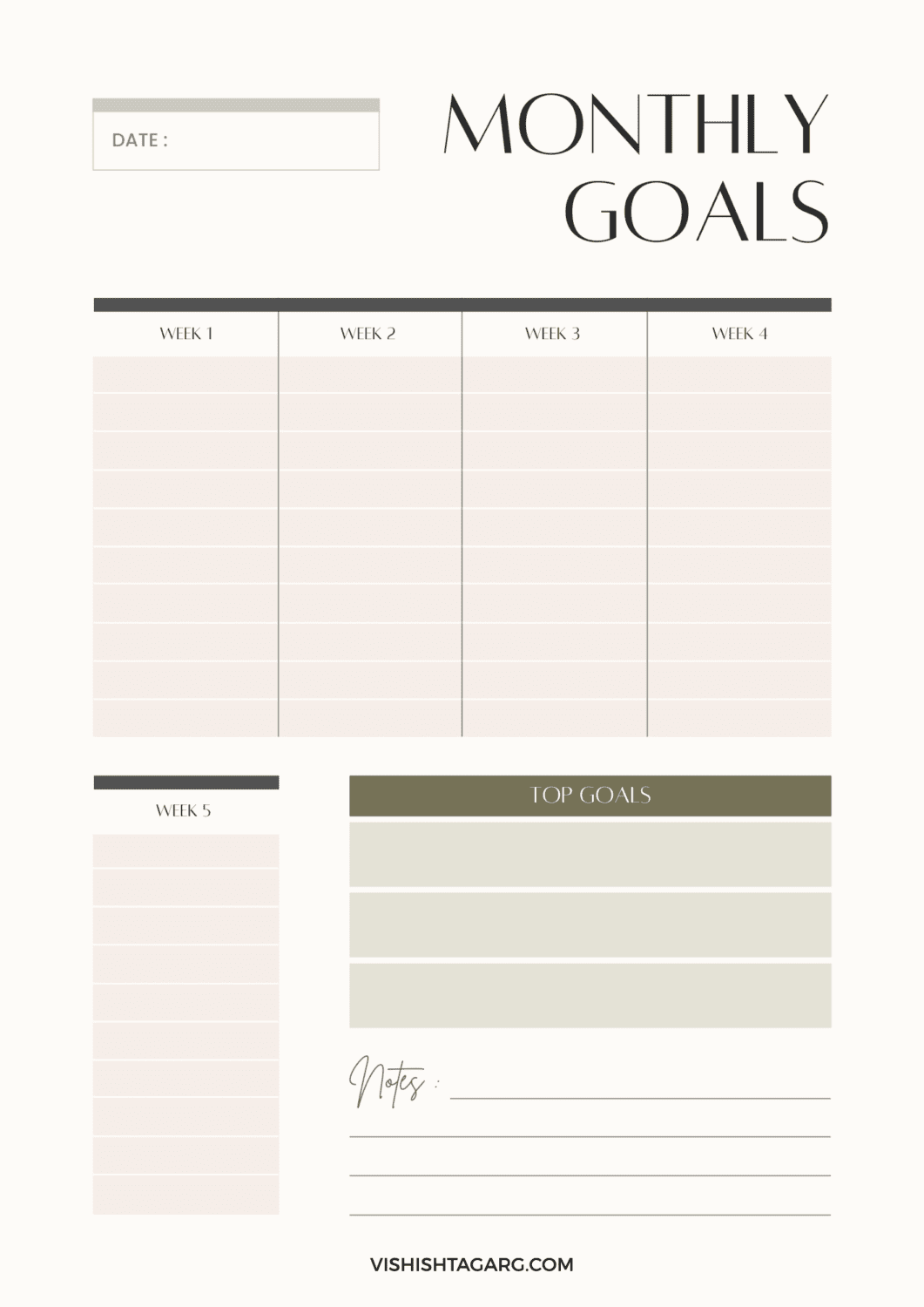 Neutral Feminine Minimalist Monthly Goals Planner